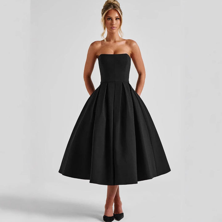 Damen A-Linien Abendkleid mit tiefem Wasserfallausschnitt und elegantem Plissee Drune