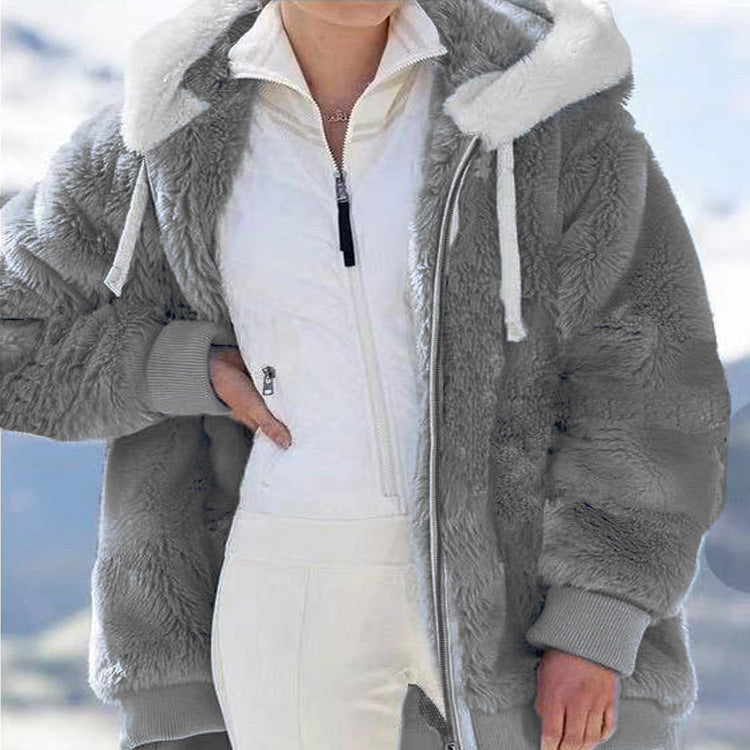 Damen nan kuschelige Kapuzen-Teddyjacke mit wattiertem Innenfutter und Rippbündchen Drune