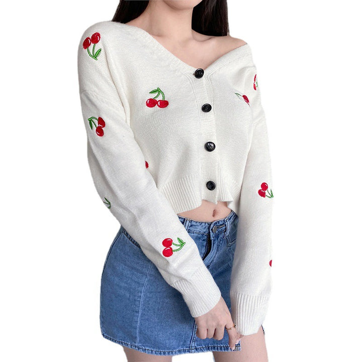 Damen Strickjacke mit verspieltem Kirschmotiv und knöpfbarem Design Drune
