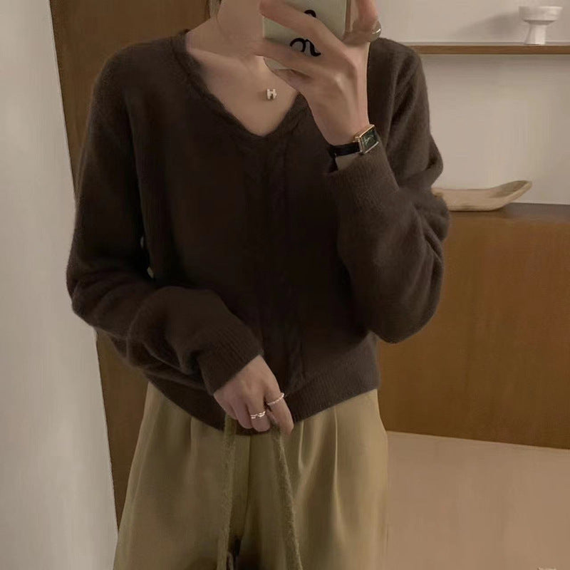 Damen Strickpullover mit V-Ausschnitt und Zopfmuster Drune