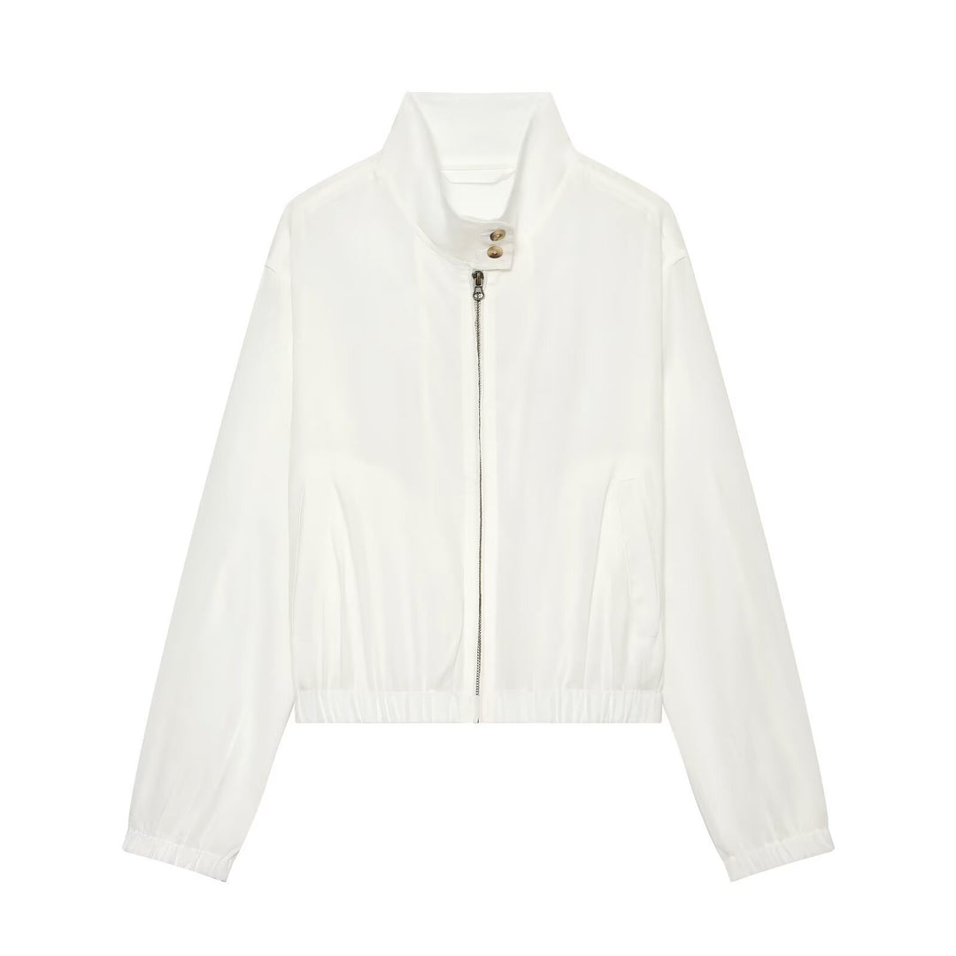 Damen Kurzerblouson im minimalistischen Clean‑Look mit hohem Stehkragen und elastischem Bund Drune