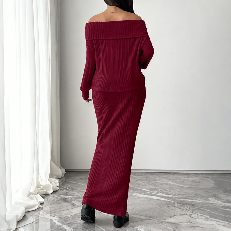 Damen Schulterfreies Rippstrick-Set mit Off-Shoulder-Oberteil und figurbetontem Maxirock Drune