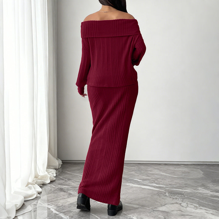 Damen Schulterfreies Rippstrick-Set mit Off-Shoulder-Oberteil und figurbetontem Maxirock Drune