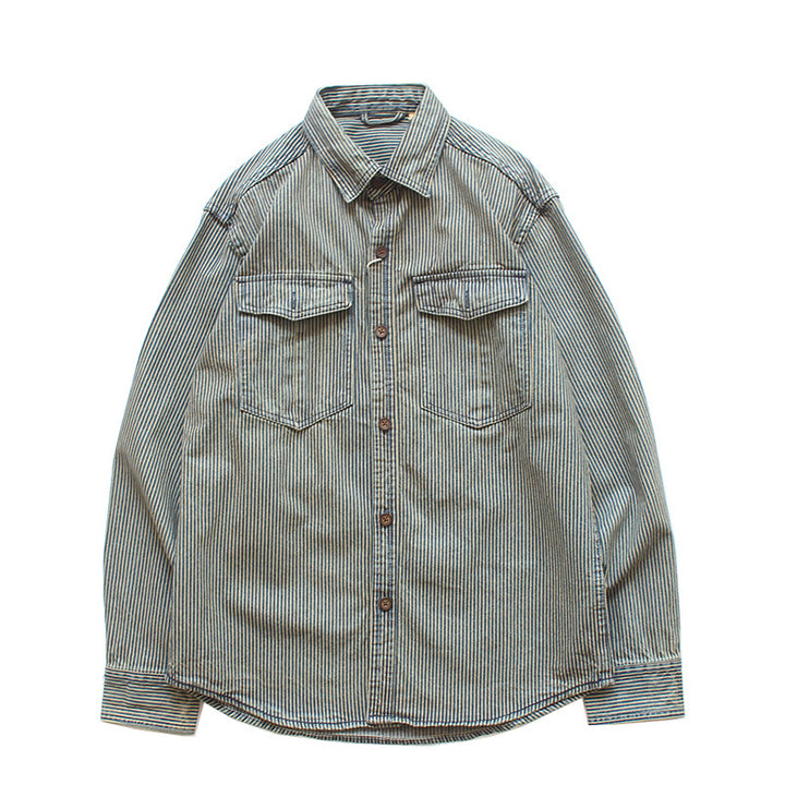 Herren Gestreiftes Denim-Hemd mit Brusttaschen Drune