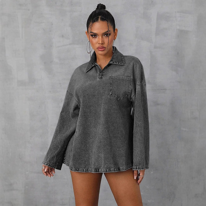 Damen oversized Denim-Bluse mit praktischem Reißverschluss und lässigem Kragen Drune