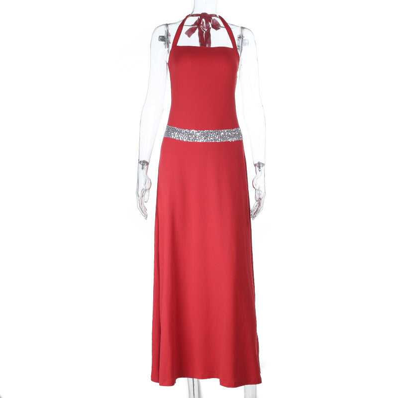 Damen Elegantes Maxikleid mit schickem Halterneck und Glitzerakzenten Drune