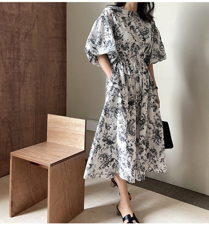 Damen Ausgestelltes Midikleid mit floraler Toile‑Optik, Puffärmeln und Seitentaschen Drune