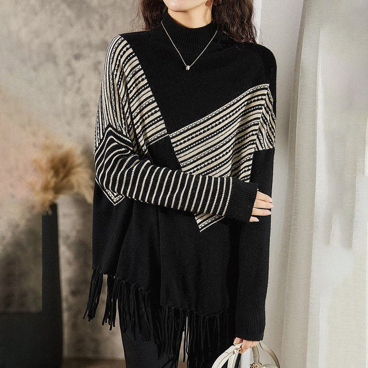 Damen Strickpullover mit geometrischem Muster und Fransen Drune