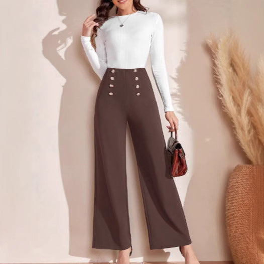 Damen Hochwaisted Weite Hose mit dekorativen Knöpfen Drune