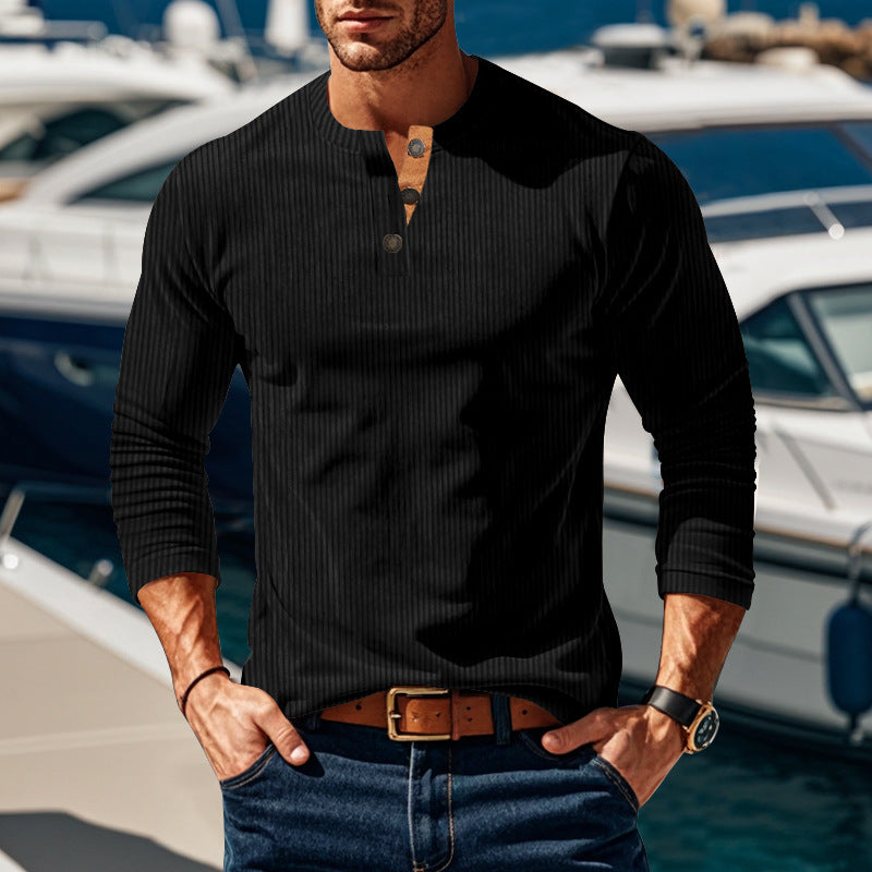 Herren nan geripptes Langarm-Henleyshirt mit Stehkragen und verdeckter Knopfleiste aus atmungsaktivem Jersey Drune