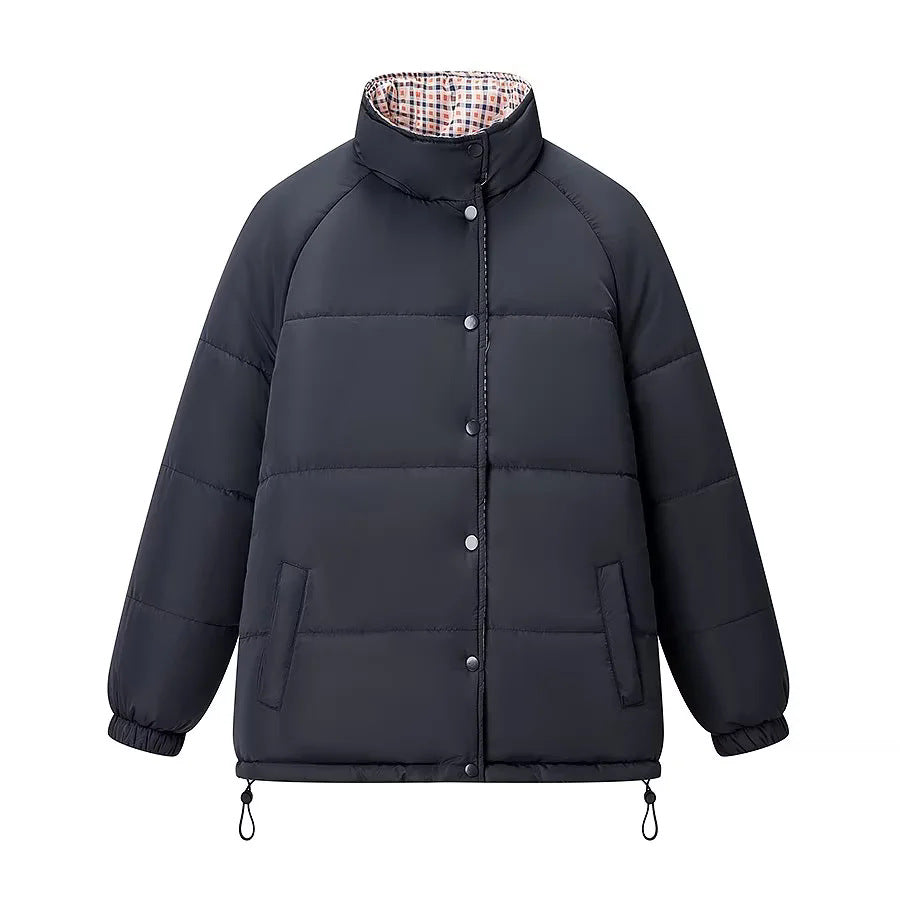 Damen nan warme Oversize-Steppjacke mit kariertem Innenfutter, Stehkragen und Tunnelzugsaum Drune