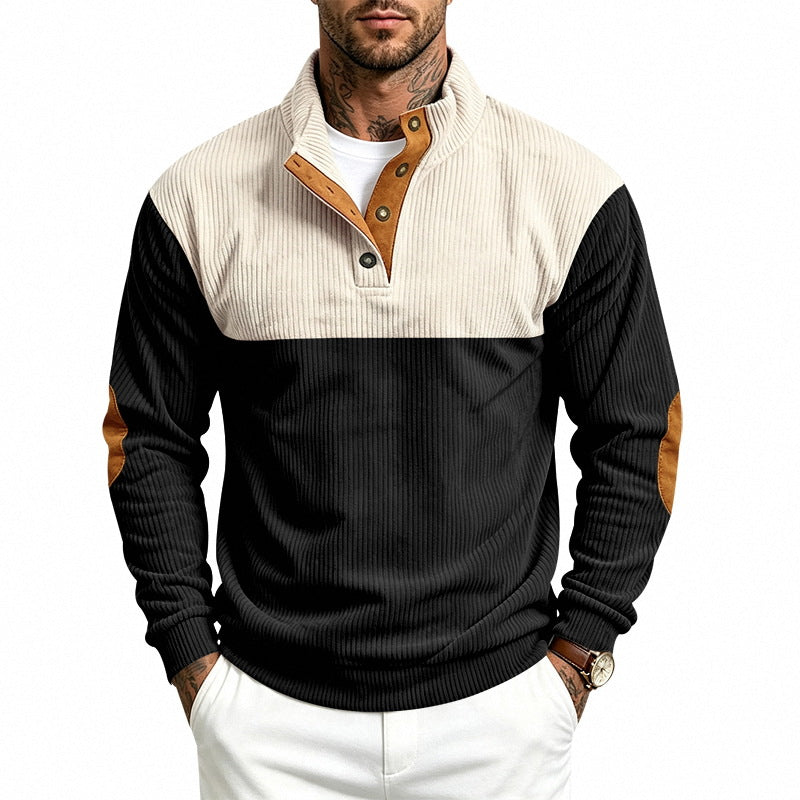 Herren Strukturierter Troyer-Pullover mit Stehkragen, Druckknopfleiste und Ellbogen‑Patches Drune