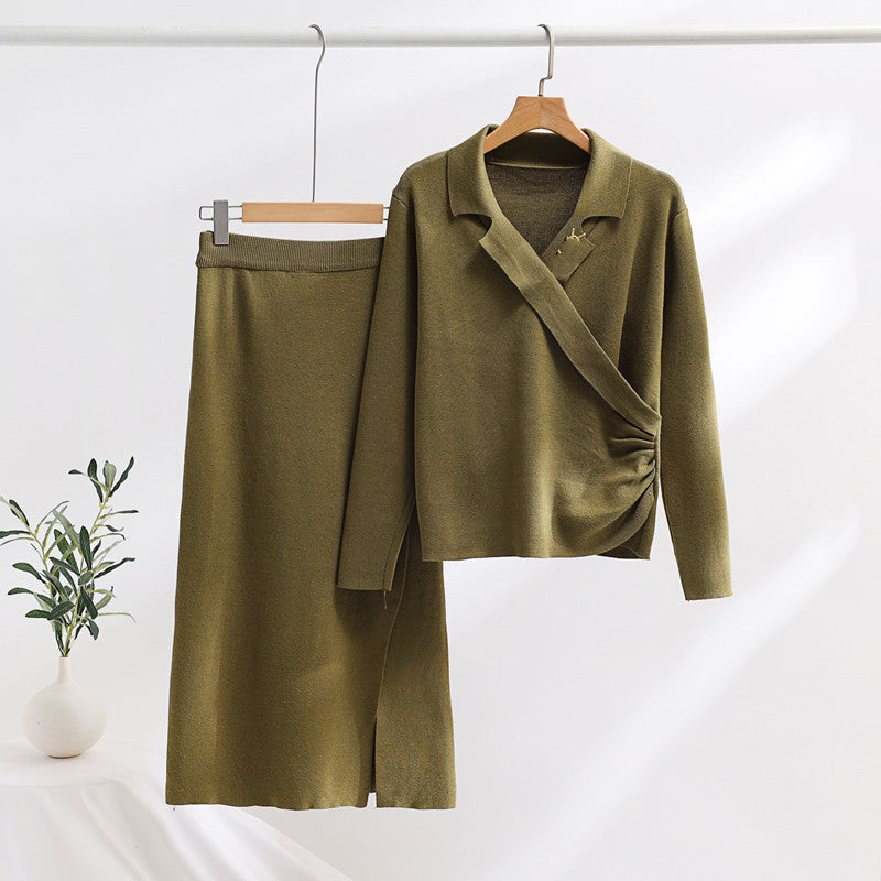 Damen elegantes Strickensemble mit Wickeloberteil und raffinierter hoher Taillierung Drune