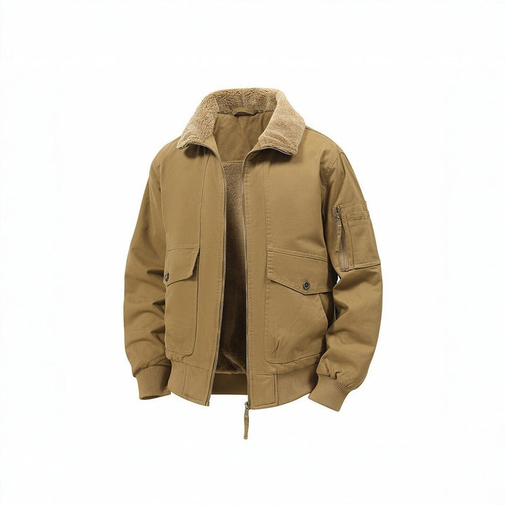Herren Militärisch inspirierte Thermo-Bomberjacke mit Teddy‑Futter, Ärmeltasche und Druckknopf‑Klappentaschen Drune