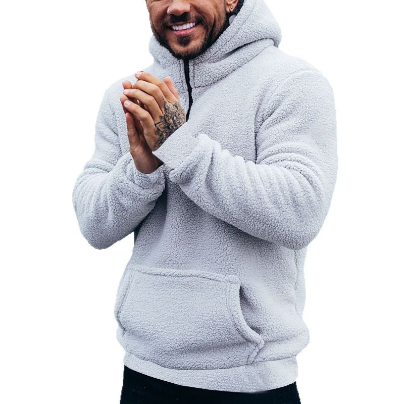 Herren kuscheliger Sherpa-Hoodie mit Kängurutasche und hohem Kragen Drune