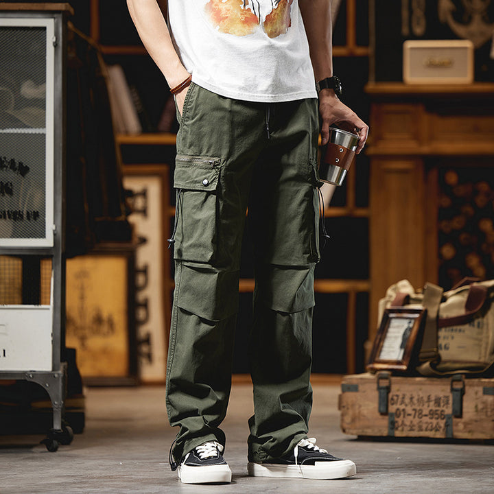 Herren Lockere Baumwoll‑Cargo‑Hose mit Tunnelzugbund, Knieabnähern und Multifunktionsklappen Drune