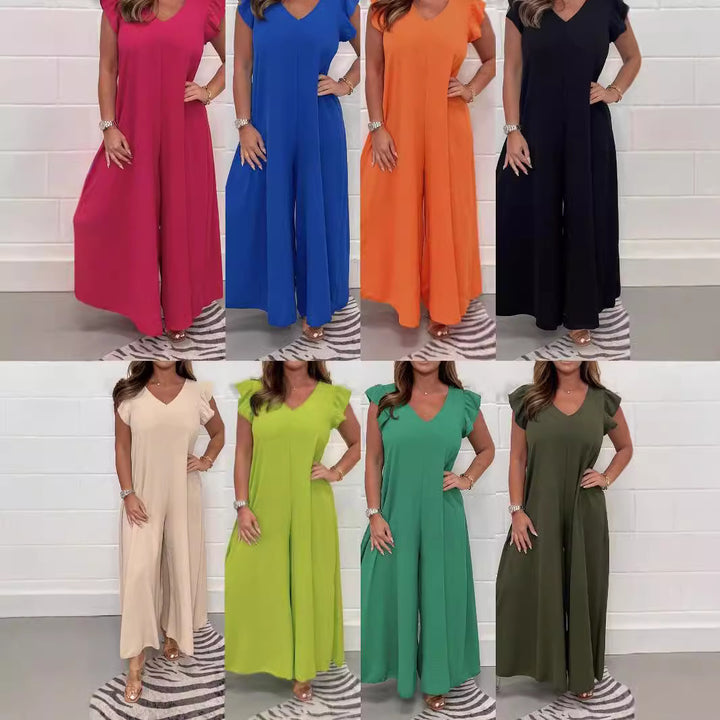 Damen gehobener Jumpsuit mit voluminösen Rüschenärmeln und V-Ausschnitt Drune