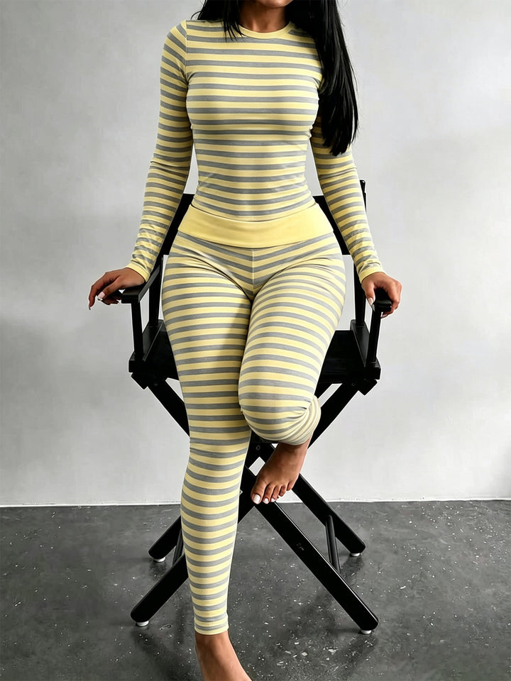 Damen Figurschmeichelndes Stretch-Lounge-Set mit Langarmtop und taillenhoher Leggings Drune