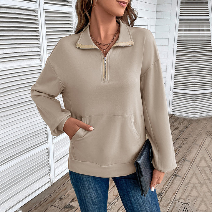 Damen Leichtes Halbzip-Sweatshirt im Relaxed-Fit mit Kängurutasche und Stehkragen Drune