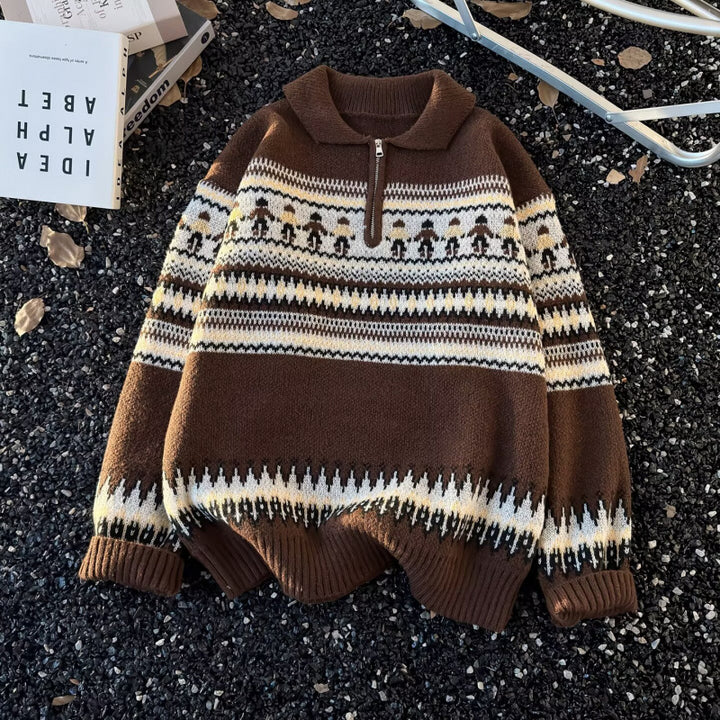 Damen Jacquard-Halbzip-Pullover mit Polokragen und Norweger‑Intarsie Drune