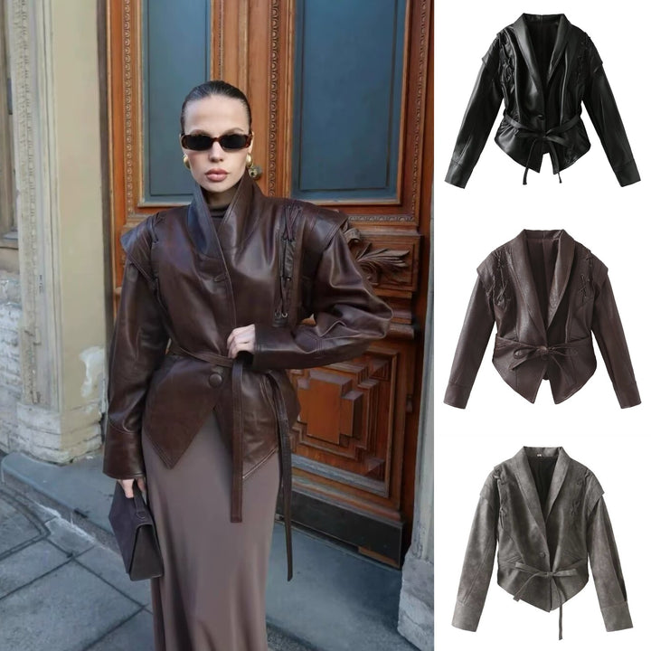 Damen Kurzjacke im Wildlederlook mit Schalkragen, Schnürdetails und Taillengürtel Drune