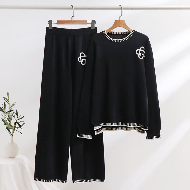 Damen lässiges Strick-Loungewear-Set mit dekorativen Kontrastdetails Drune