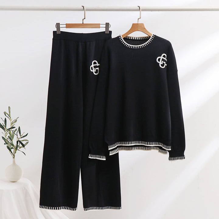 Damen lässiges Strick-Loungewear-Set mit dekorativen Kontrastdetails Drune
