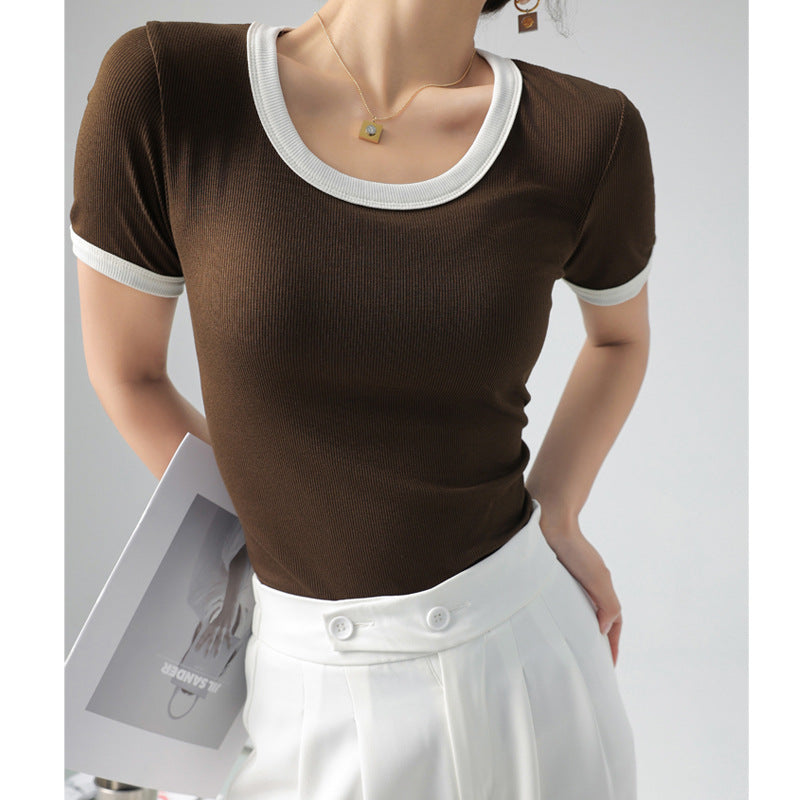 Damen kurzärmliges Shirt mit geometrischem Rippdesign und Kontrastdetails Drune
