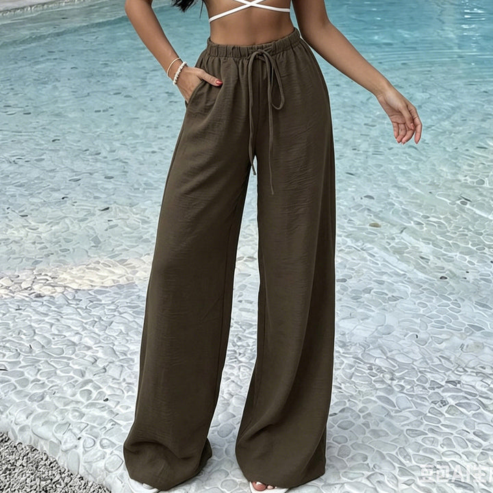 Damen Weite Lounge-Hose mit elastischem Bund und Kordelzug Drune