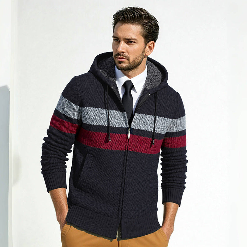 Herren Strukturiertes Kapuzencardigan mit Kontraststreifen und durchgehendem Reißverschluss Drune