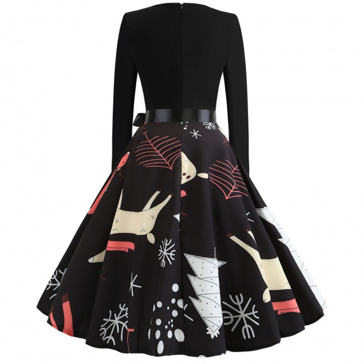 Damen festliches A-Linien Kleid mit weihnachtlichem Rentier-Print und Satin-Taillenband Drune
