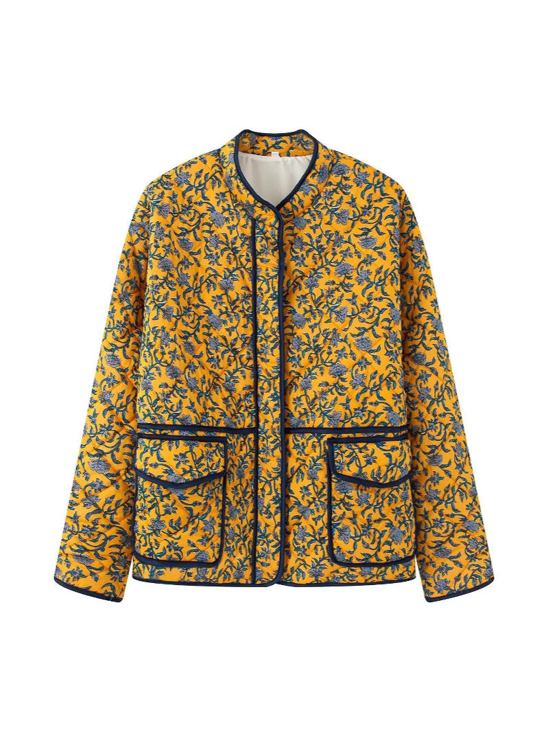 Damen gestepptes Blütenmuster-Jacke mit praktischen Taschen Drune