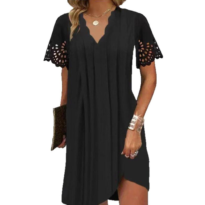 Damen nan knielanges A-Linien-Kleid mit geschwungenem V-Ausschnitt, Lochspitzenärmeln und seitlichem Beinschlitz Drune