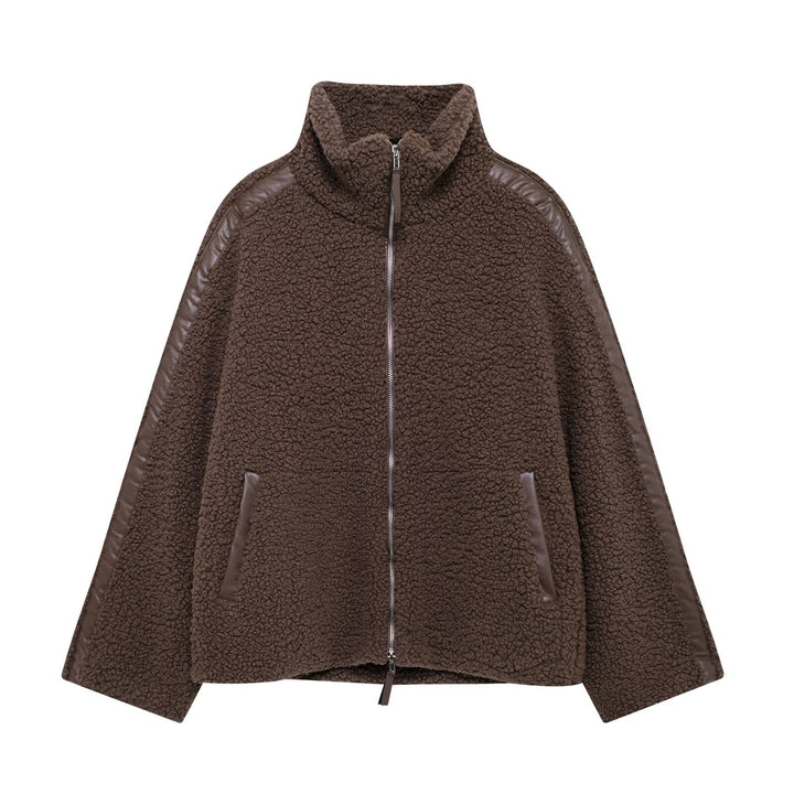 Damen Teddy-Fleece-Jacke mit Stehkragen und Lederoptik-Details Drune