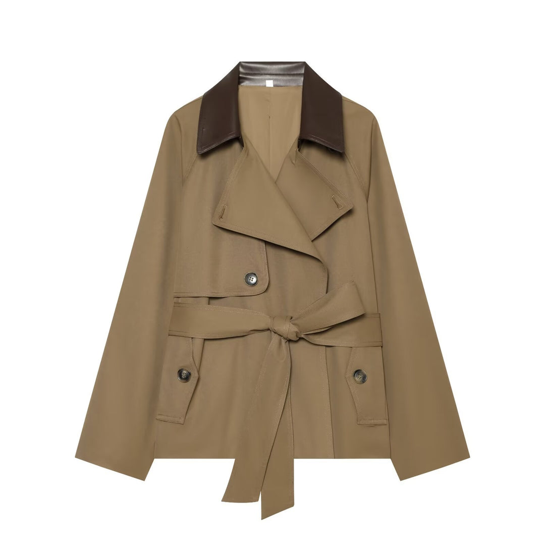Damen kurz geschnittener Trenchcoat mit kontrastierendem Lederkragen und Taillengürtel Drune