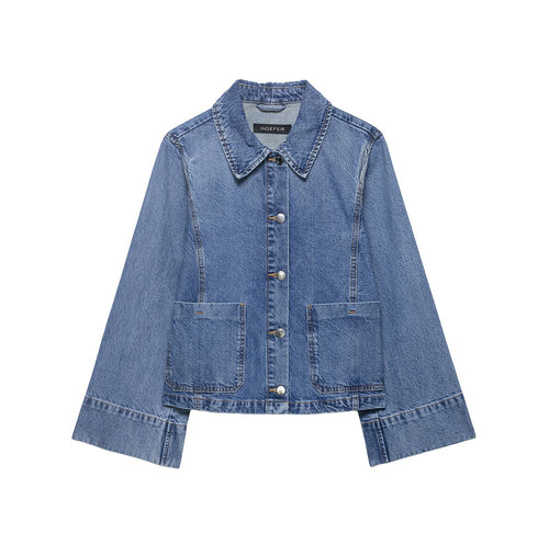Damen Cropped Oversize-Jeansjacke mit großen aufgesetzten Taschen und sichtbarer Knopfleiste Drune