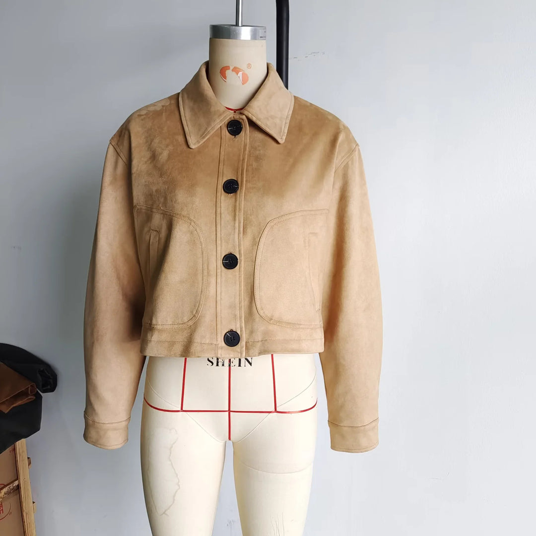 Damen nan kurze Oversize Wildlederimitat-Jacke mit großem Hemdkragen und aufgesetzten Pattentaschen Drune