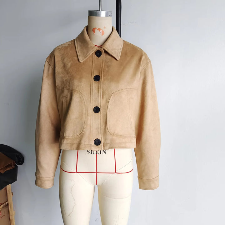 Damen nan kurze Oversize Wildlederimitat-Jacke mit großem Hemdkragen und aufgesetzten Pattentaschen Drune