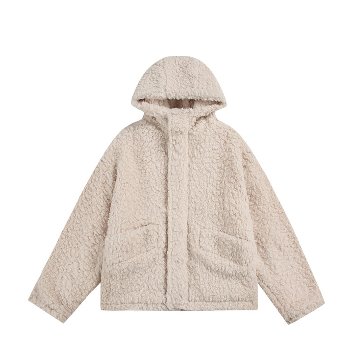 Damen Oversize Sherpa‑Kapuzenjacke mit verdeckter Frontblende und aufgesetzten Taschen Drune