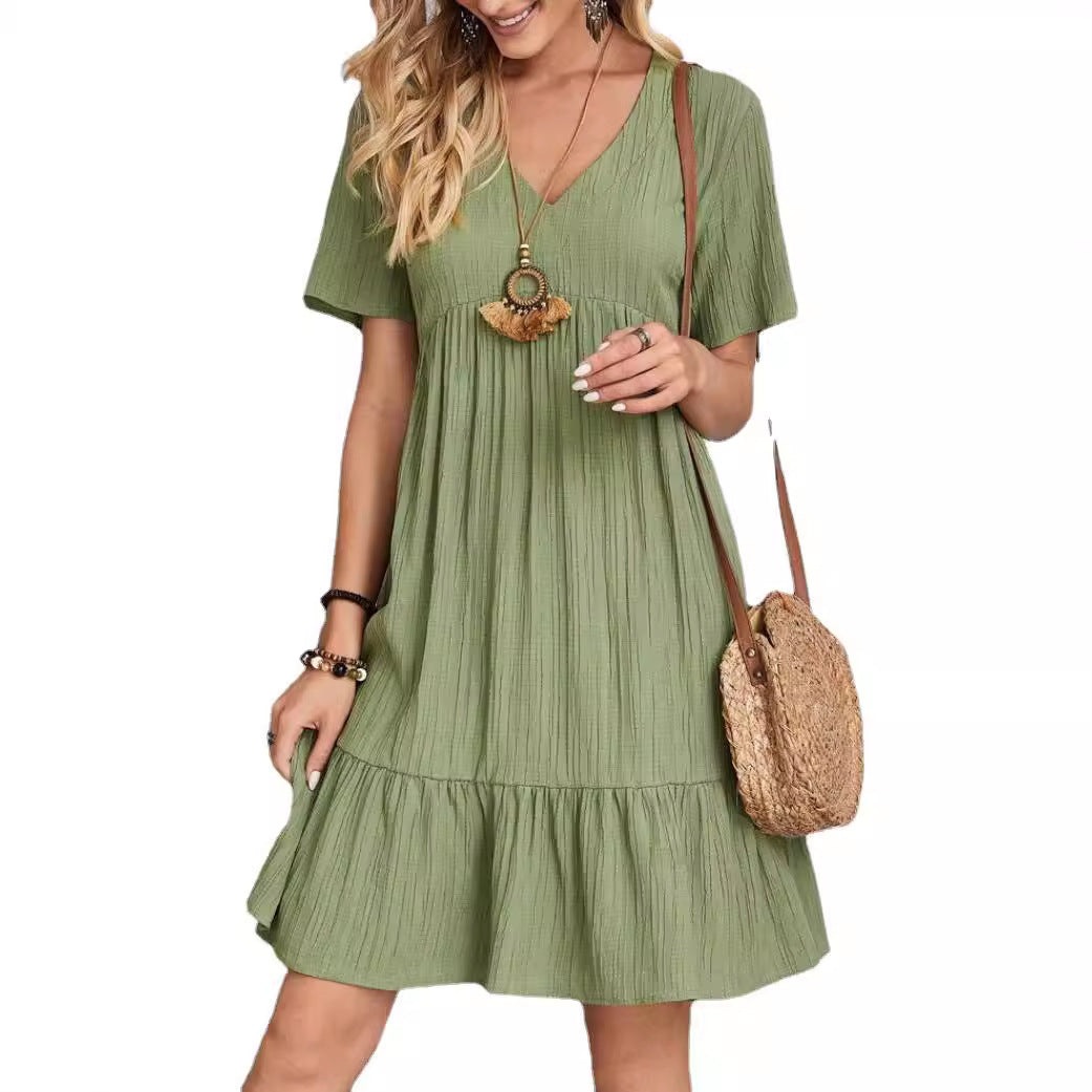 Damen nan Krepp-Kurzkleid mit V-Ausschnitt, geraffter Empirenaht und Volantsaum Drune