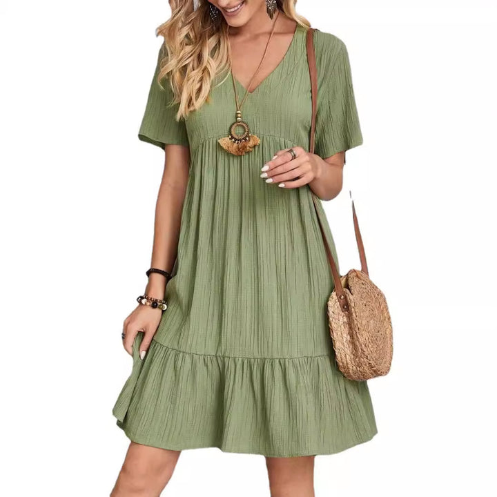 Damen nan Krepp-Kurzkleid mit V-Ausschnitt, geraffter Empirenaht und Volantsaum Drune