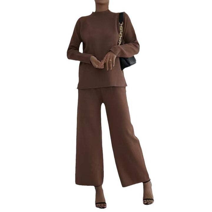 Damen elegantes und lässiges Strick-Loungewear-Set mit hohem Kragen und weiten Beinen Drune