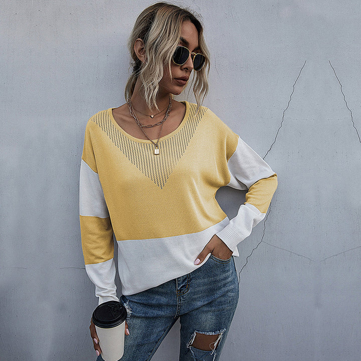 Damen Lässiger Strickpullover mit V-Ausschnitt und Farbblock Drune
