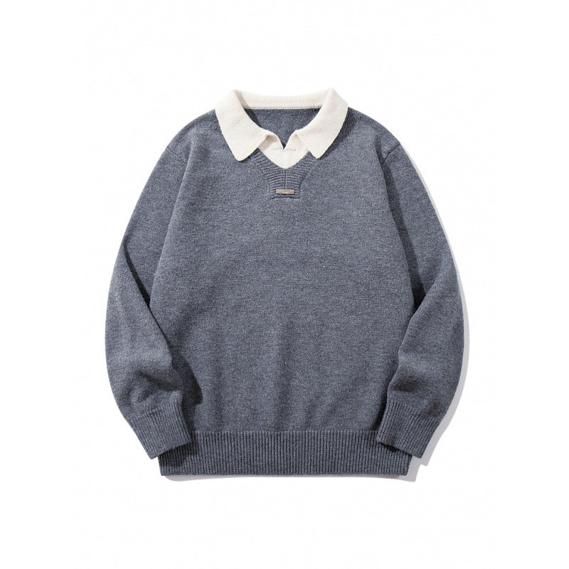 Herren Relaxter Merino-Mix Strickpullover mit kontrastierendem Polokragen und V-Detail Drune