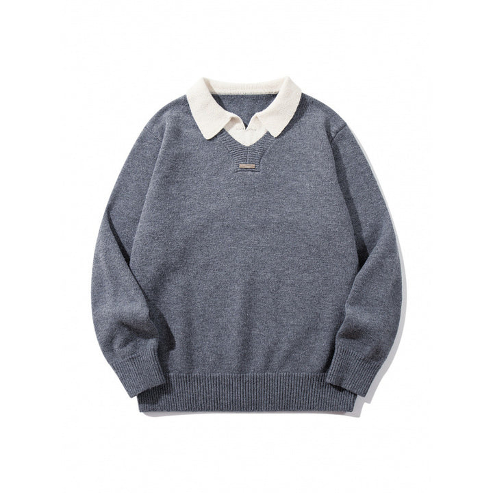 Herren Relaxter Merino-Mix Strickpullover mit kontrastierendem Polokragen und V-Detail Drune