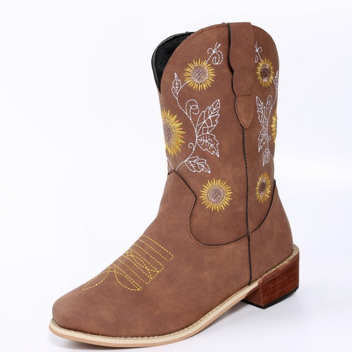 Damen Western-Stiefel mit bestickten Sonnenblumen und komfortablem Blockabsatz Drune