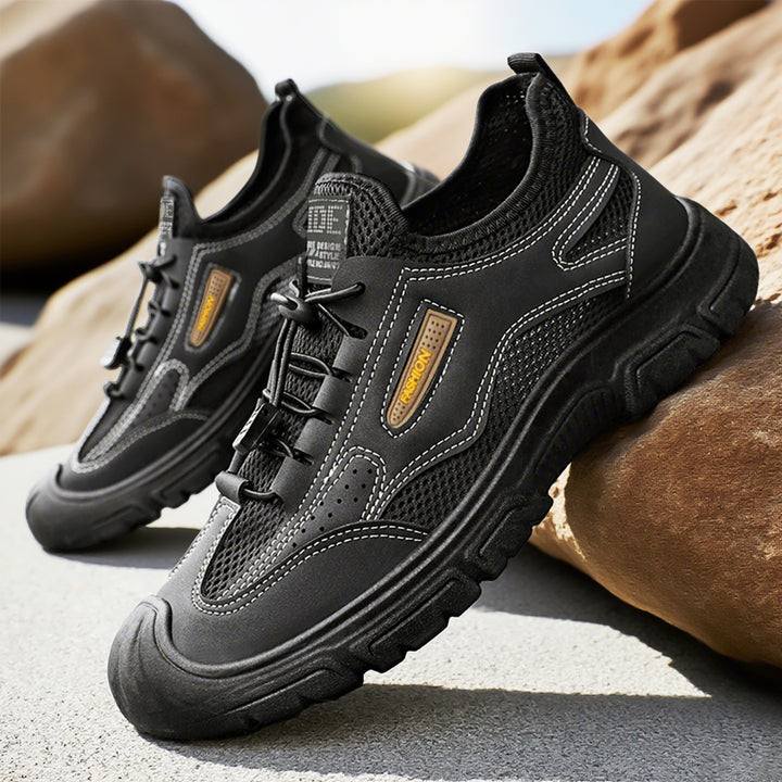 Herren nan robuster Mesh-Trekkingschuh mit verstärkter Gummizehenkappe, Schnellzug-Schnürung und griffiger Profilsohle Drune