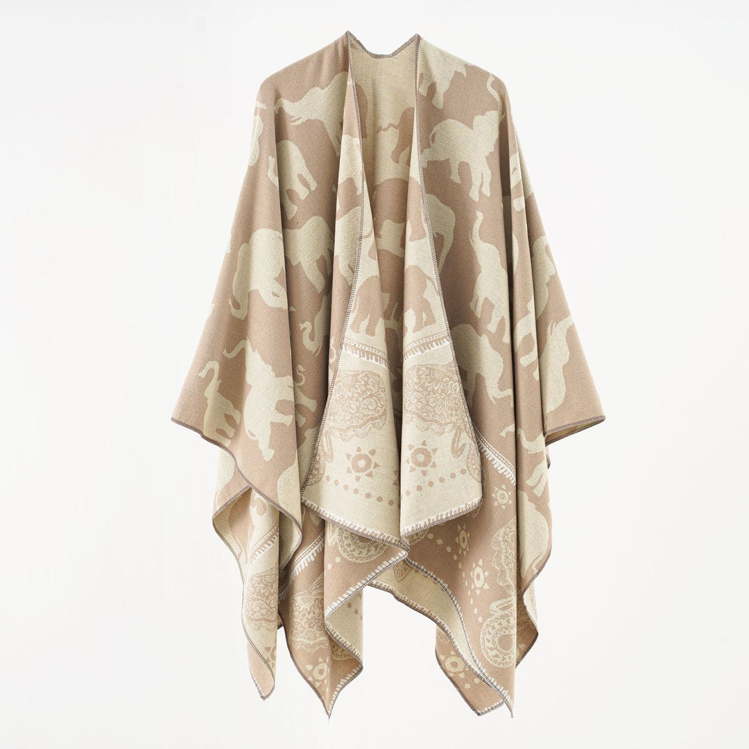 Damen Jacquard‑Ruana mit Elefantenmotiv und ornamentaler Bordüre Drune