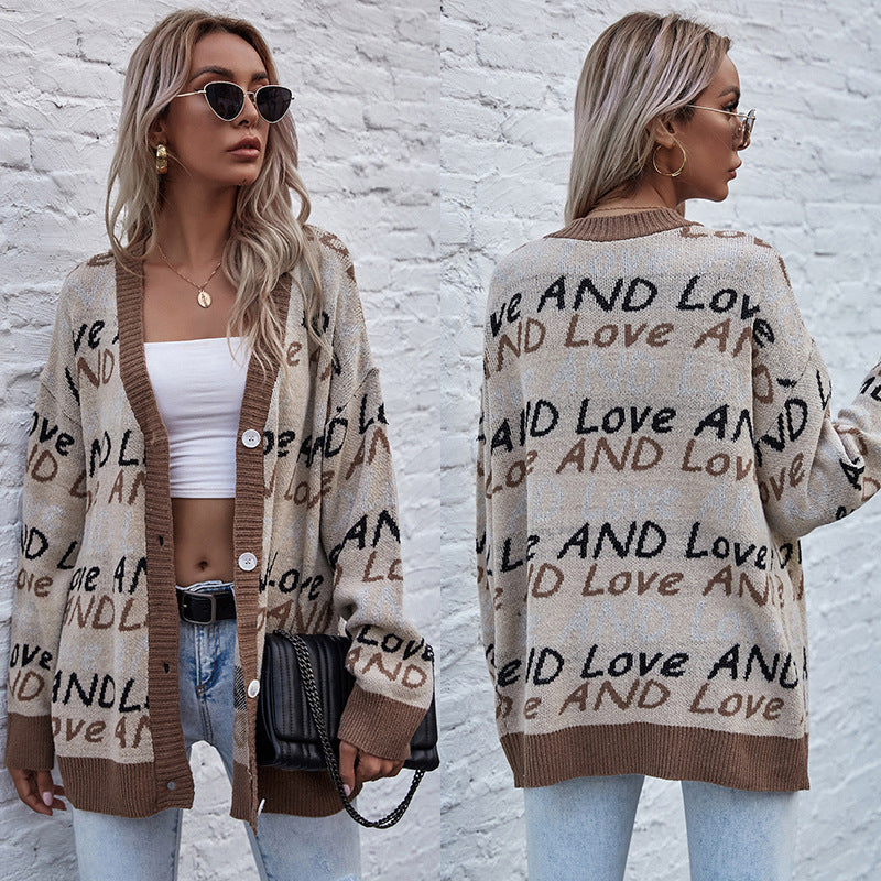 Damen Oversize-Strickcardigan mit Jacquard-Textmuster, V‑Ausschnitt & Knopfleiste Drune