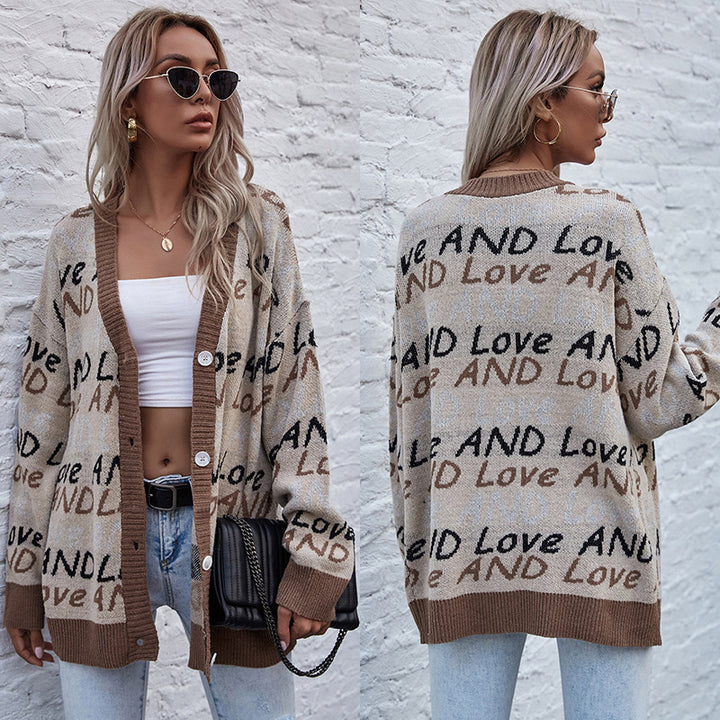 Damen Oversize-Strickcardigan mit Jacquard-Textmuster, V‑Ausschnitt & Knopfleiste Drune